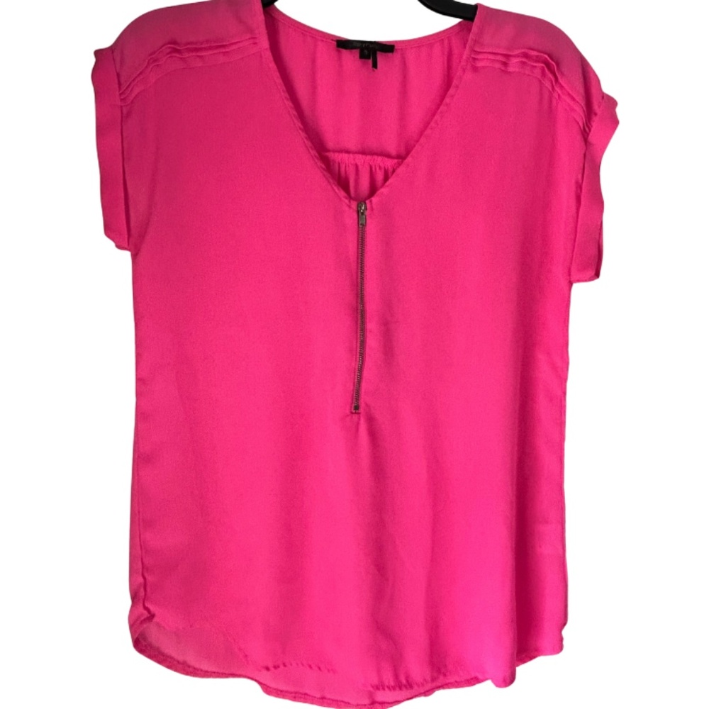 Hot Pink Short Sleeve Blouse – Mid-Zip Detail, Polyester